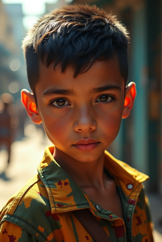 A young boy with short black hair like a military man, brown eyes and Brazilian clothing. 