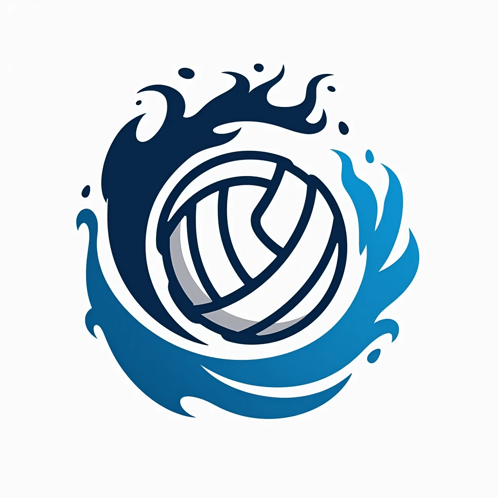The water jet forms a spiral around the volleyball. Designed in logo style with the main color being navy blue