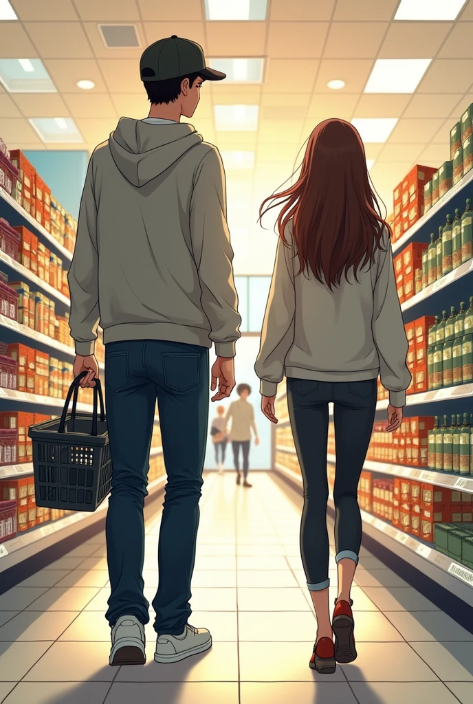 Manga A tall young man in a hoodie and hat, carrying a shopping basket, follows a young woman with long brown hair in a supermarket.