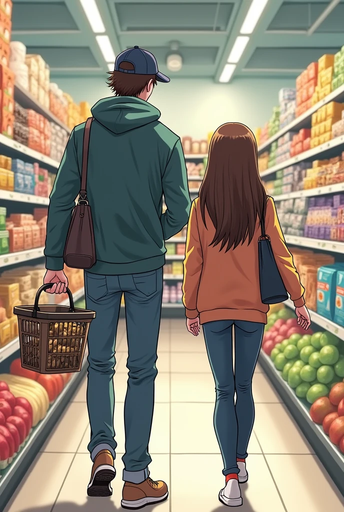 Manga A tall young man in a hoodie and hat, carrying a shopping basket, follows a young woman with long brown hair in a supermarket.