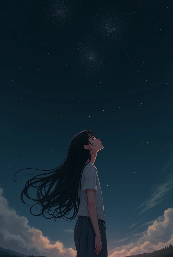 A girl with long black hair is looking at the starry sky