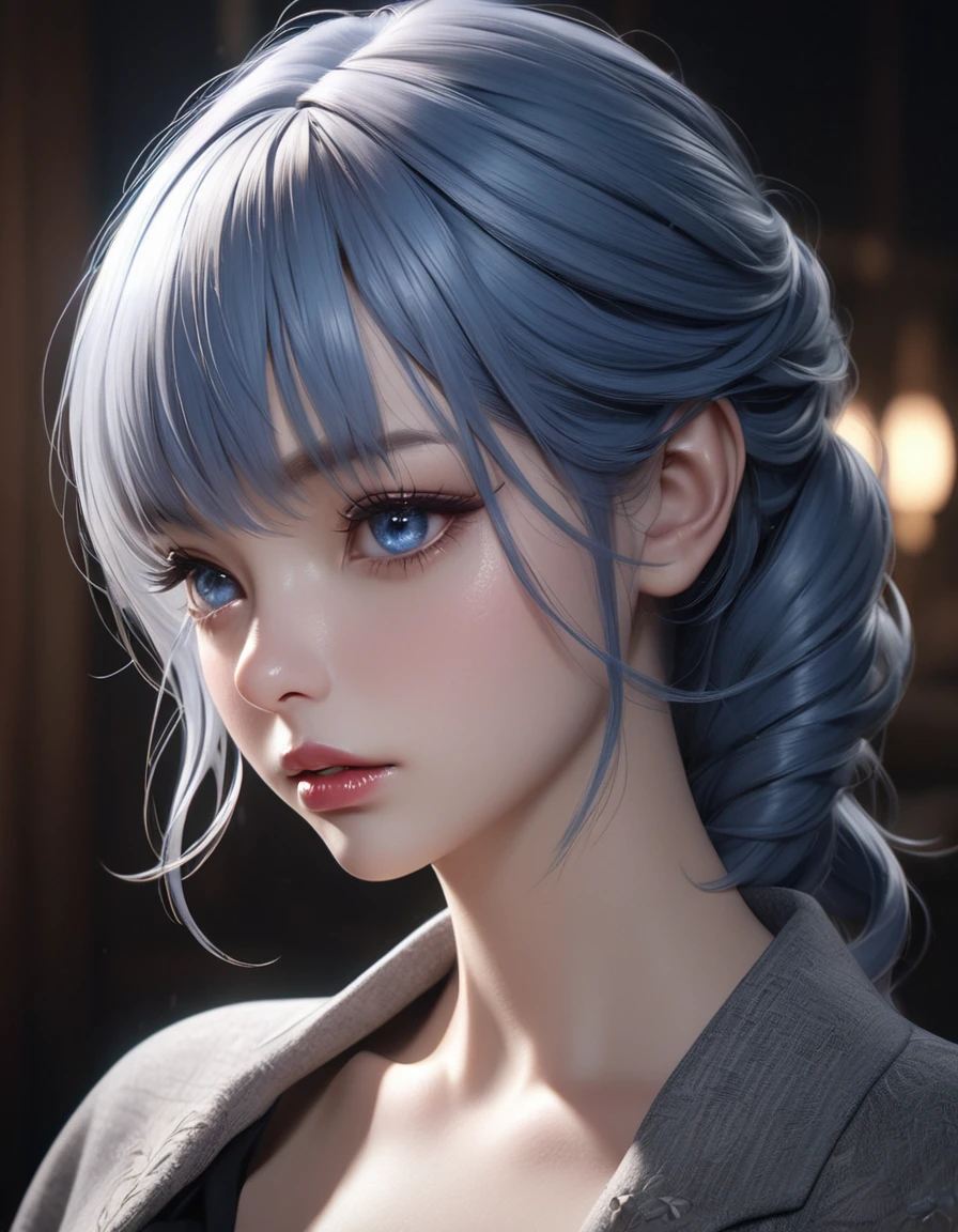 (1 woman with blue hair,arrogant expression,detailed face,beautiful detailed eyes,beautiful detailed lips,extremely detailed eyes and face,long eyelashes,realistic,photorealistic,photo-realistic:1.37,best quality,4k,8k,highres,masterpiece:1.2,ultra-detailed,hyperrealistic,intricate details,3d,cinematic lighting,dramatic lighting,moody lighting,dramatic composition,cinematic composition,elegant,sophisticated,alluring)