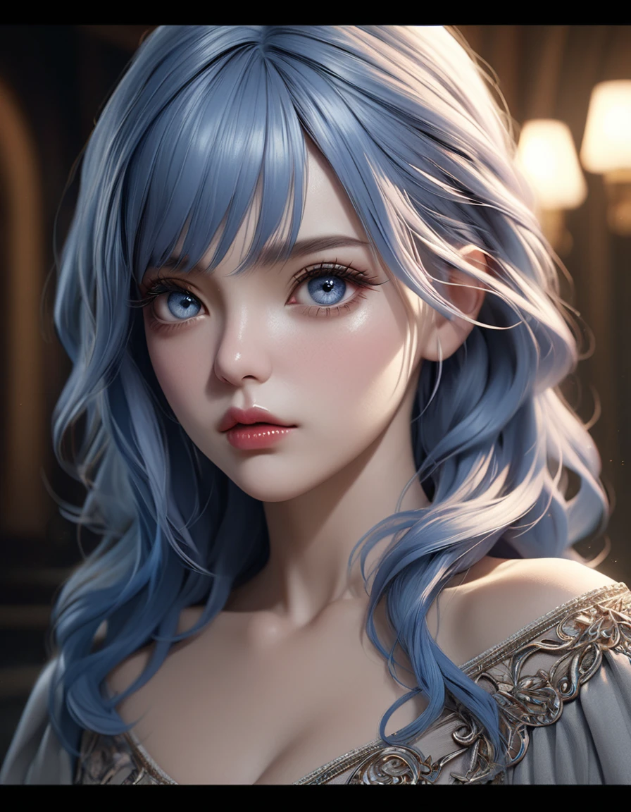 (1 woman with blue hair,arrogant expression,detailed face,beautiful detailed eyes,beautiful detailed lips,extremely detailed eyes and face,long eyelashes,realistic,photorealistic,photo-realistic:1.37,best quality,4k,8k,highres,masterpiece:1.2,ultra-detailed,hyperrealistic,intricate details,3d,cinematic lighting,dramatic lighting,moody lighting,dramatic composition,cinematic composition,elegant,sophisticated,alluring)