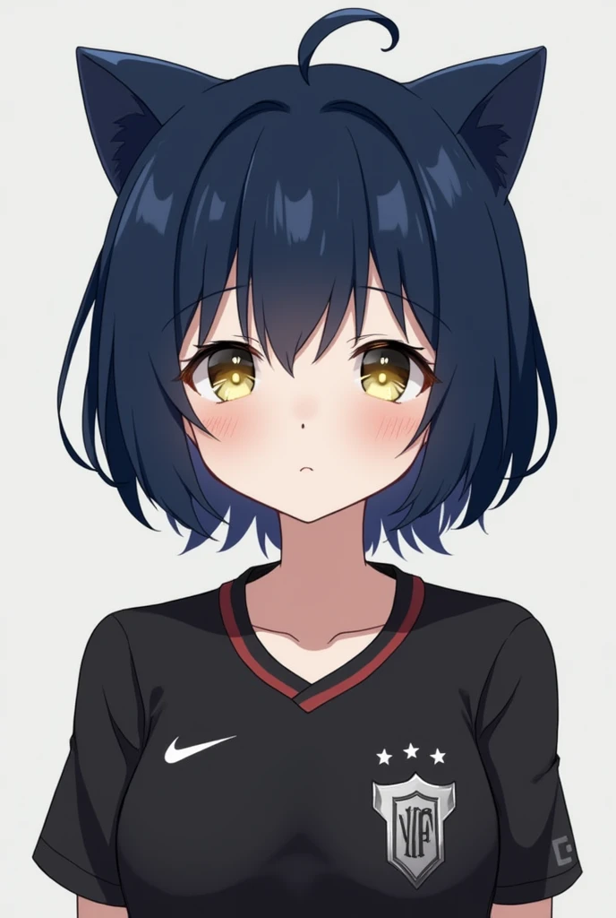 dark blue hair、Cat ear、bangs、short hair、Black jersey