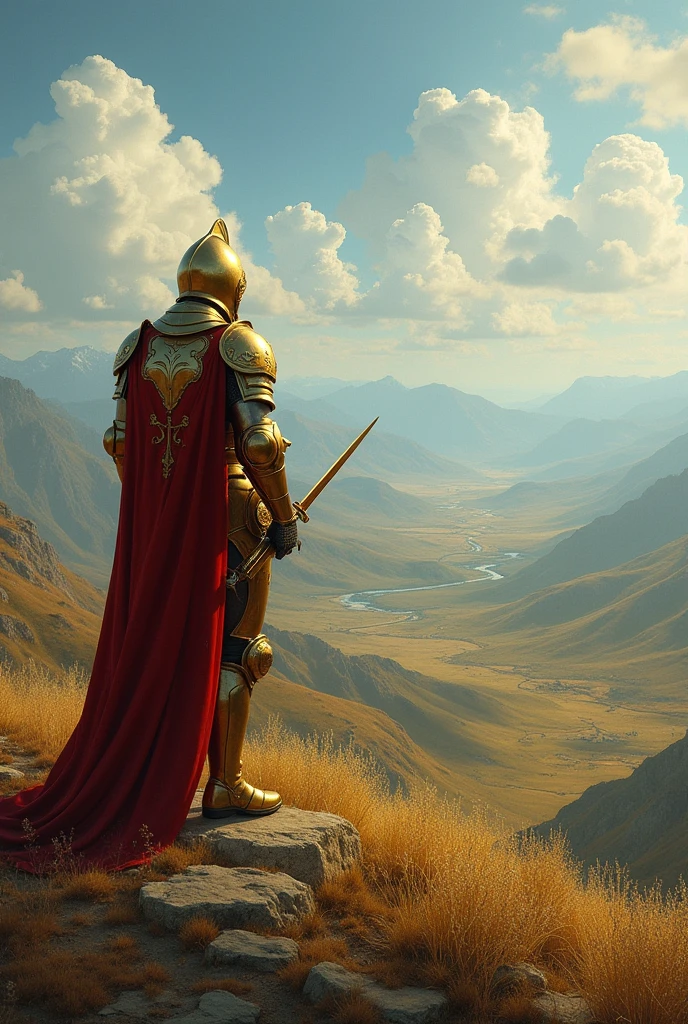 Knight in golden armor, seeing a beautiful landscape, standing