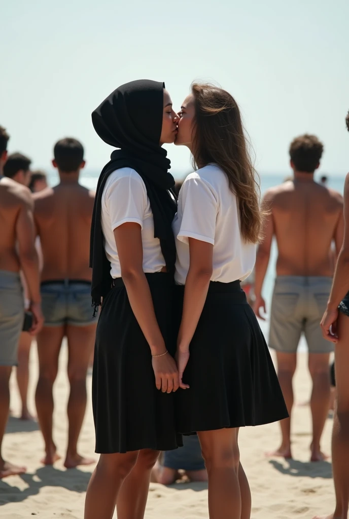 black headscarf, black skirt, white t-shirt, 2 barefoot women, They kiss with 2 men in the crowd on the beach.