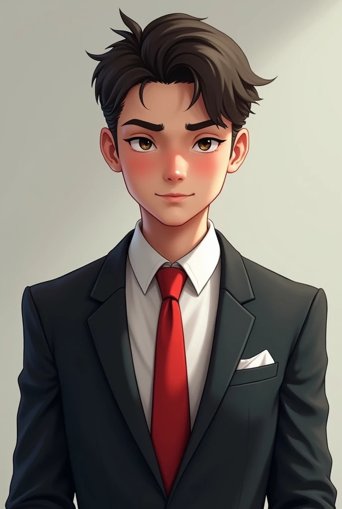 Create a image of a boy 20 years age look like agent 47 give him a red tie and a good smile with hair