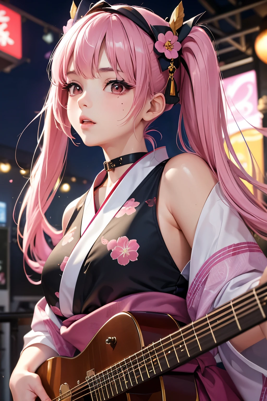 masterpiece, best quality, very detailed, high resolution, expensive resolution, high resolution, 4K, 8k, Unity 8k wallpaper, highly detailed CG, masterpiece, 2D, 3D, beautiful details, depth, fine texture, best quality: 1.3, perfect focus, crispy skin, he,
Very cute anime girl, girl playing guitar vocals in a band wearing a Japanese fancy floral haori hakama, on outdoor stage, full body, expensive pink and black short twin tail hair, mole under eye, looking at the viewer, expensive, blush, mole, lips open, , heart choker, pink eyes, guitar vocals, stage