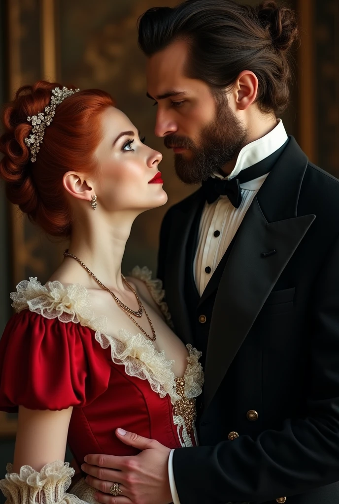 period romance inspired by the phantom of the opera (19th century)
couple with redhead woman and handsome bearded man