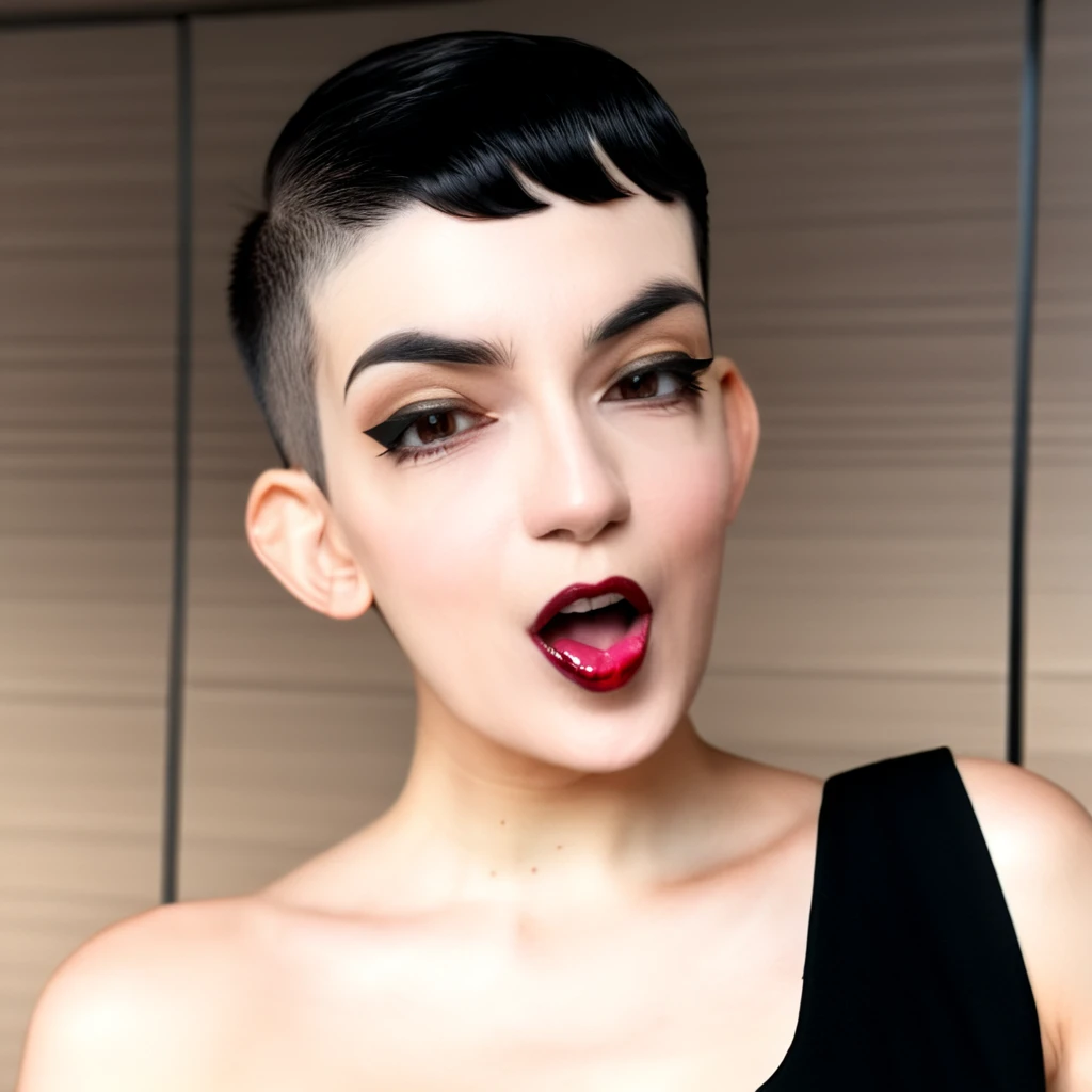 a beautiful woman in a black dress poses with one shoulder, symmetrical face, (pixie fade haircut), (right side hair part), ((bald fade)), mouth open, tongue sticking out, hand outreached, in the style of 8k resolution, warmcore, goosepunk, focus on joints/connections, minimal retouching, handheld, candid, black hair, classy, elegant, sharp focus,