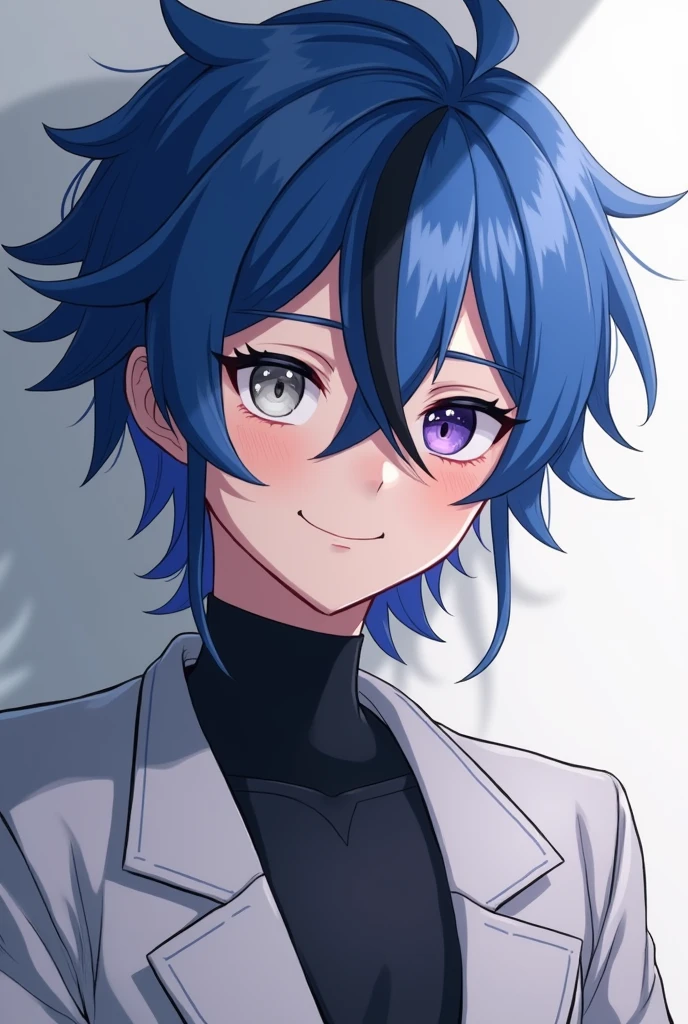 BNHA boy who has blue hair with a black streak,one white eye and the other purple eye that is half dragon,with pale skin,with a little long hair always happy and omega
