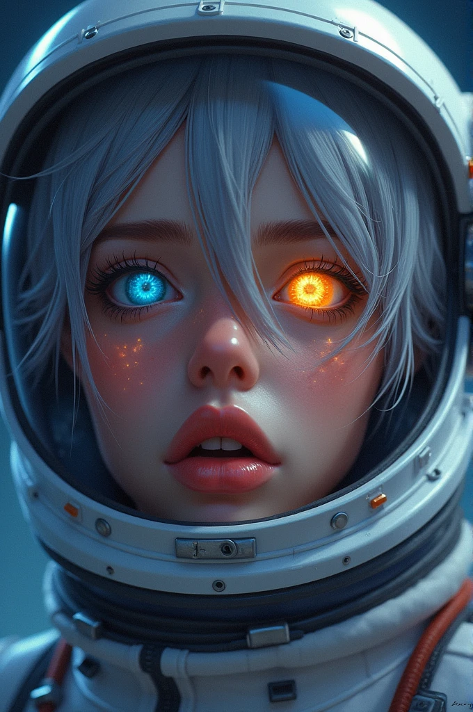 (Close-up of a better masterpiece:1.5)0.9], (Space and astronauts:1.2) (Messy silver hair:1.1) (Heterochromia xanthochromia and blue eyes:1.2) (Space Helmet:1.0) (Colored stars in the eyes:1.0) (A radiant glow:1.1) (thick lips:0.9)