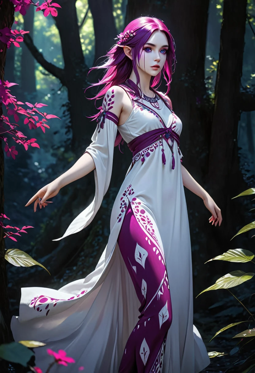 ((ultra realistic illustration:1.2)),(dark fantasy:1.4), In a mystical forest. Beautiful Elven mage. Wild (magenta hair), violet eyes, ((very pale:1.4)), beautifully fit figure, small perky breasts. (tribal war paint), long dress, bare feet .Masterpiece, (highly detailed:1.2),(detailed face and eyes:1.2), 8k wallpaper, natural lighting. core shadows, high contrast, bokeh.