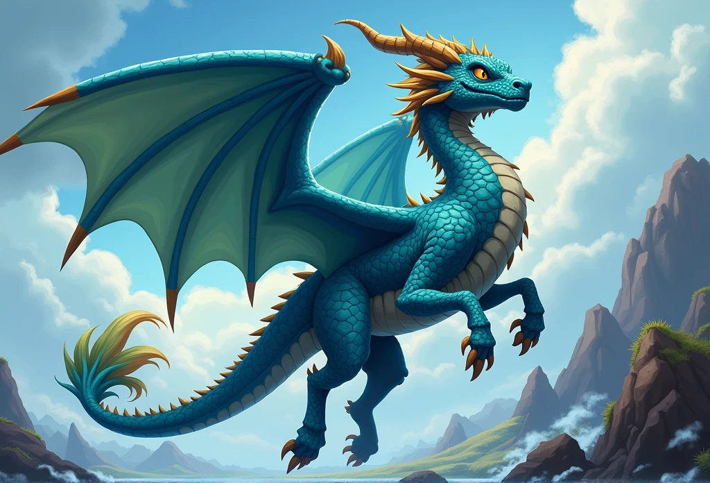 ((Best quality)), ((masterpiece)), ((realistic cartoon)), ((perfect character)): *Your dragon (Wyvern body) Wavecry an ancient male dragon named The Winged Storm who has simple lapis scales and iridescent lapis accents, beautiful lapis wings, Fire: brown and lime flames, has a Horse type skull, Orbital ridge horns, Body type: Broad, Notable Features: Long-tailed, and Eyes: sad gold eyes, is flying freely through the air without any regard for his age but his body is aging slower than his age* Every element of this masterpiece is carefully designed to create a sense of realism and immersion. The intricacies of the mage's clothing, the mesmerizing effects of his conjurations, and the level of detail in his weathered face all contribute to a captivating visual experience. This artwork is presented in stunning UHD resolution, allowing you to appreciate every nuance and intricacy in breathtaking detail. Eye level, scenic, masterpiece.