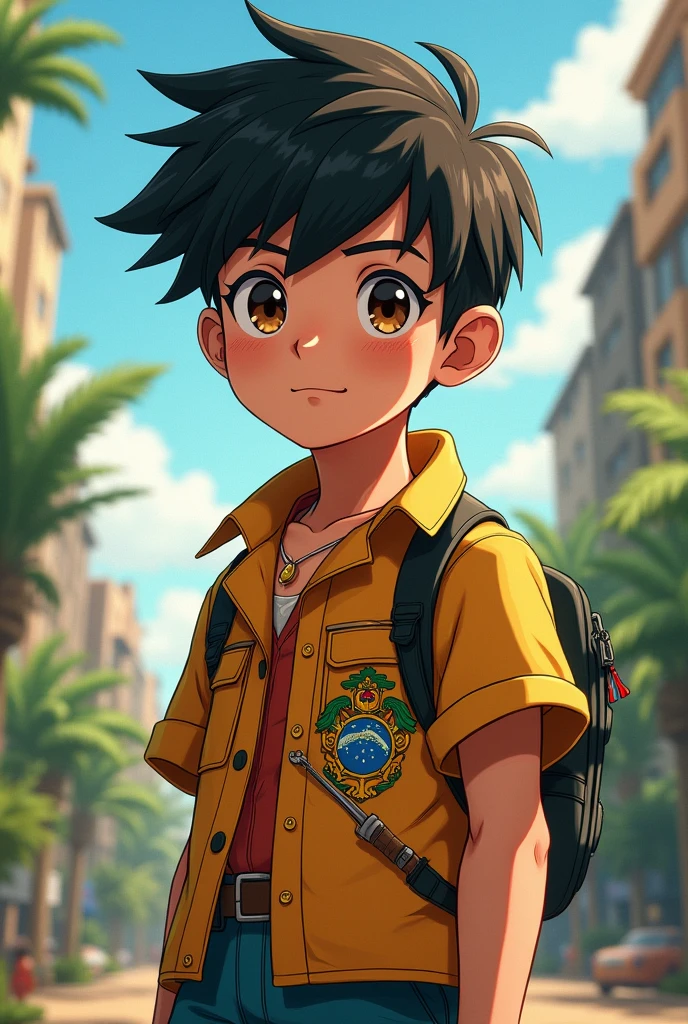 A young boy with short black hair like a military man, brown eyes and Brazilian anime style clothing.