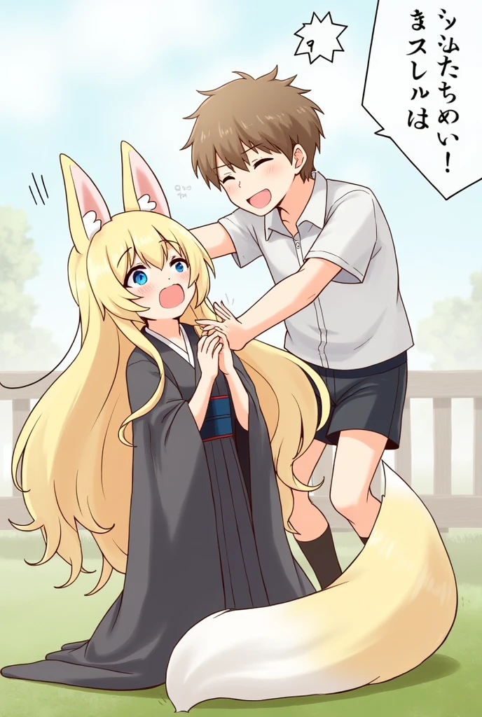 Pushed down by Touya Kenmochi in his summer uniform、Gaku Fushimi, a girl in a black kimono with fox ears and long blonde hair, blushes in embarrassment.