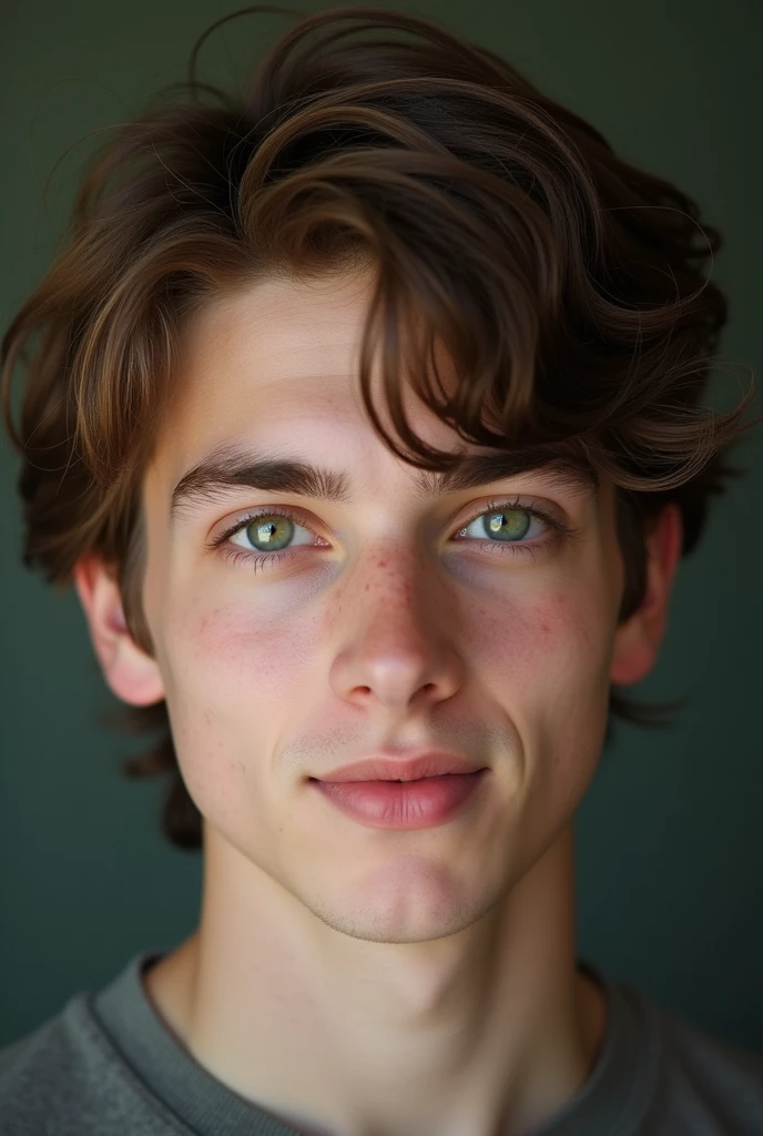 Face, 24 year old boy, straight dark brown hair and light green eyes