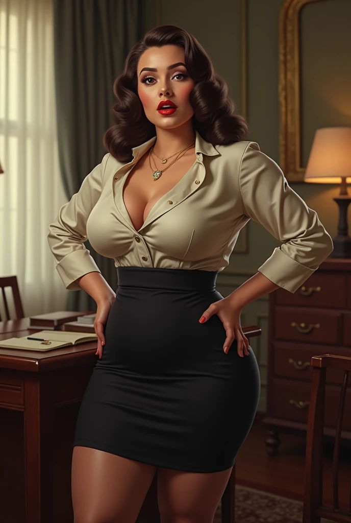 Hot russian secretary,1940 style,1940,Big breasts,very big breasts,brunette,open mouth
