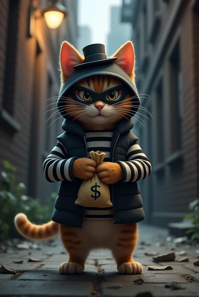 "Create an image of a cunning cat dressed as a classic robber. The cat should be wearing a black and white striped shirt, a small black mask over its eyes, and a little black hat. It should be holding a small bag marked with a dollar sign, and have a mischievous expression. The background should be a dimly lit alleyway to enhance the sneaky vibe