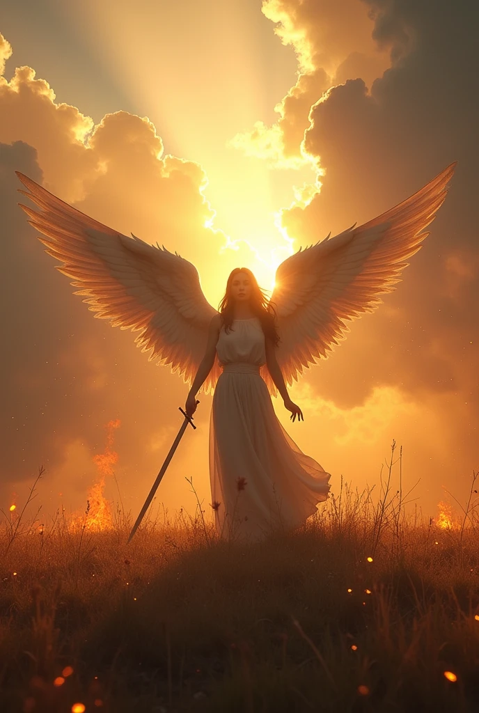 an angel on the battlefield with sword in hand and sunbeams coming out of the clouds and flaming torches falling from the sky