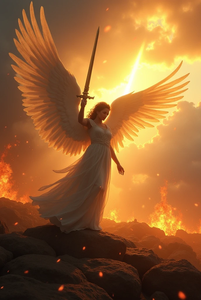 an angel on the battlefield with sword in hand and sunbeams coming out of the clouds and flaming torches falling from the sky