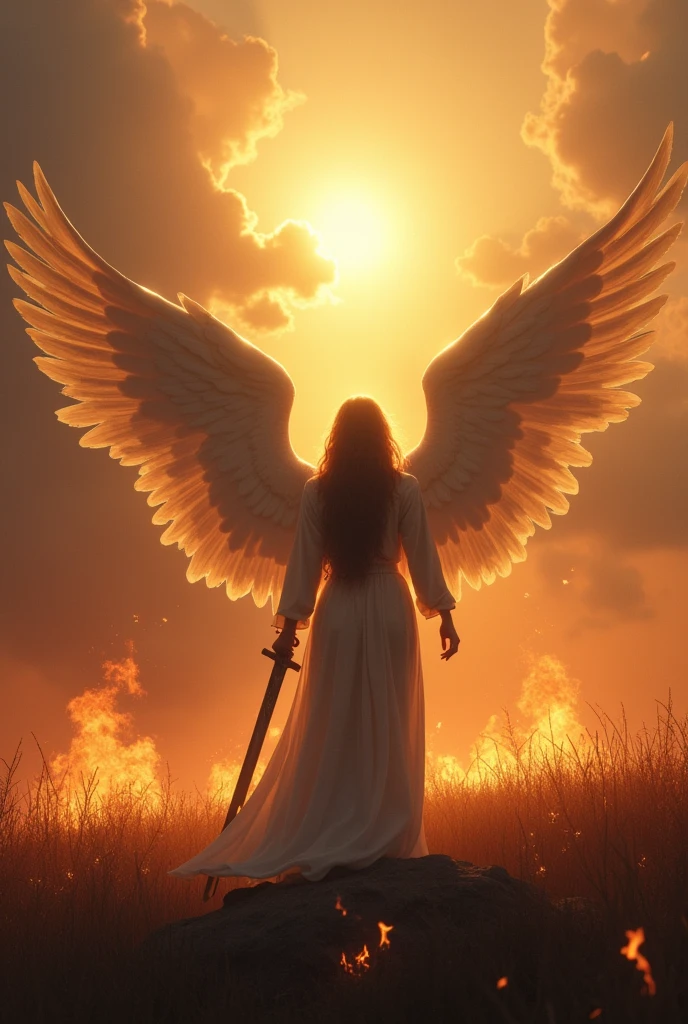 an angel on the battlefield with sword in hand and sunbeams coming out of the clouds and flaming torches falling from the sky