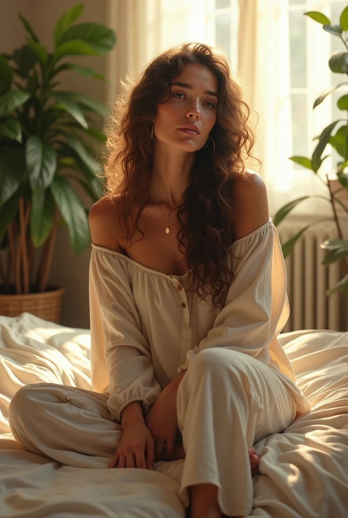 (photorealism:1.2), beautiful woman, sitting on bed, wearing loose off-shoulder top, pajama pants, long curly hair, indoors, soft lighting, plants in background, window with sunlight, cozy room, relaxed pose, realistic, intricate details, warm colors, by Greg Rutkowski, by Alphonse Mucha