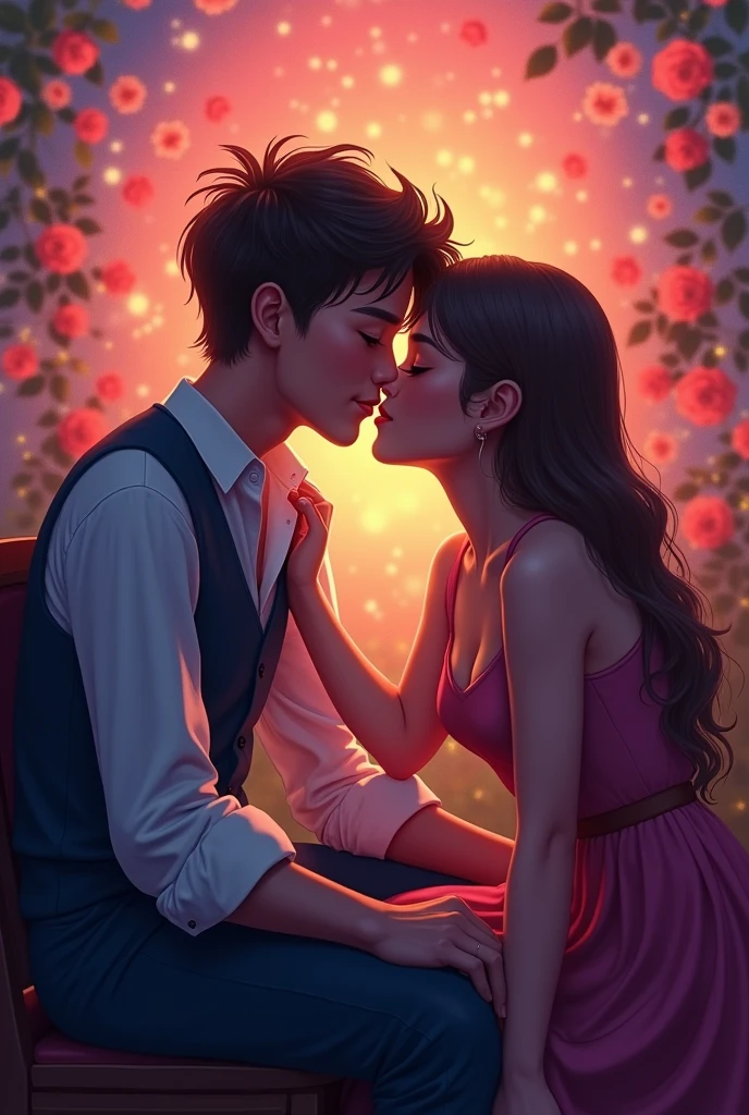 
A man sit in a chair his girlfriend kissing on his forehead side fic with color full background