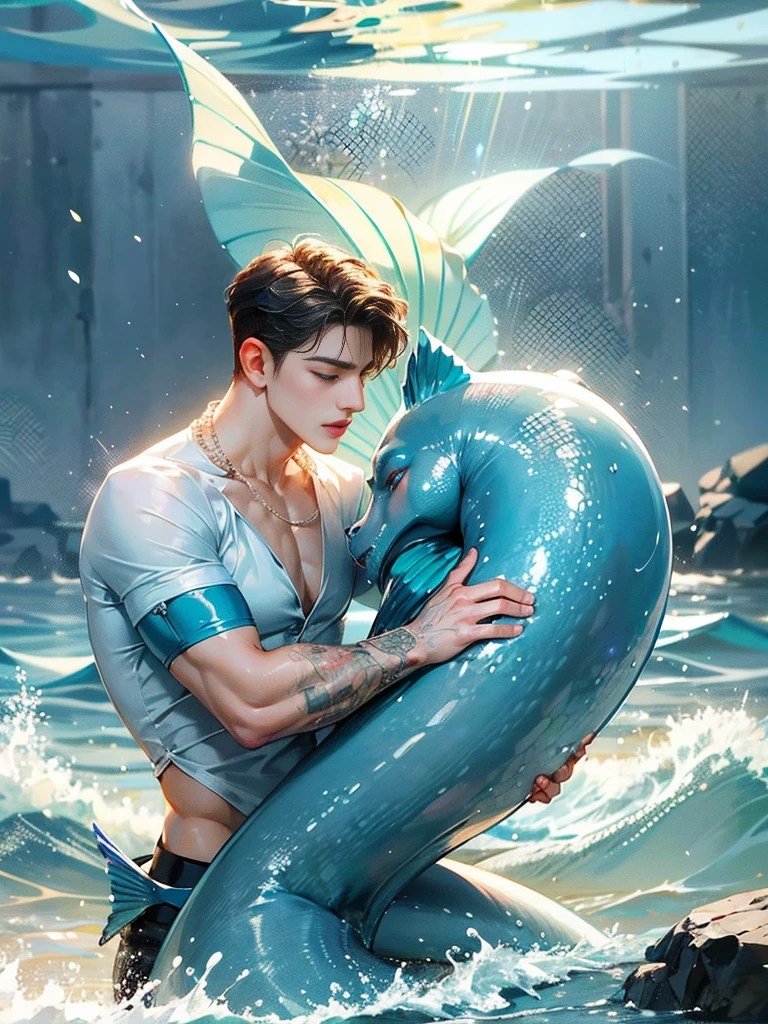 Two gay boys, first A handsome 20 years old man, little merman, sexy merman, blue tail, short blond hair, came from the ocean kingdom, very handsome, big eyes, masculine look, muscular, model , washed ashore, sexy and toned body, perfectly shaved, full body, wearing pearl necklace, merman saves the human prince, second human prince wearing white shirt and black pants, human prince with his black hair, human prince with his eyes closed unconscious, merman hugs and kisses the human prince, merman saves the human prince from the storm