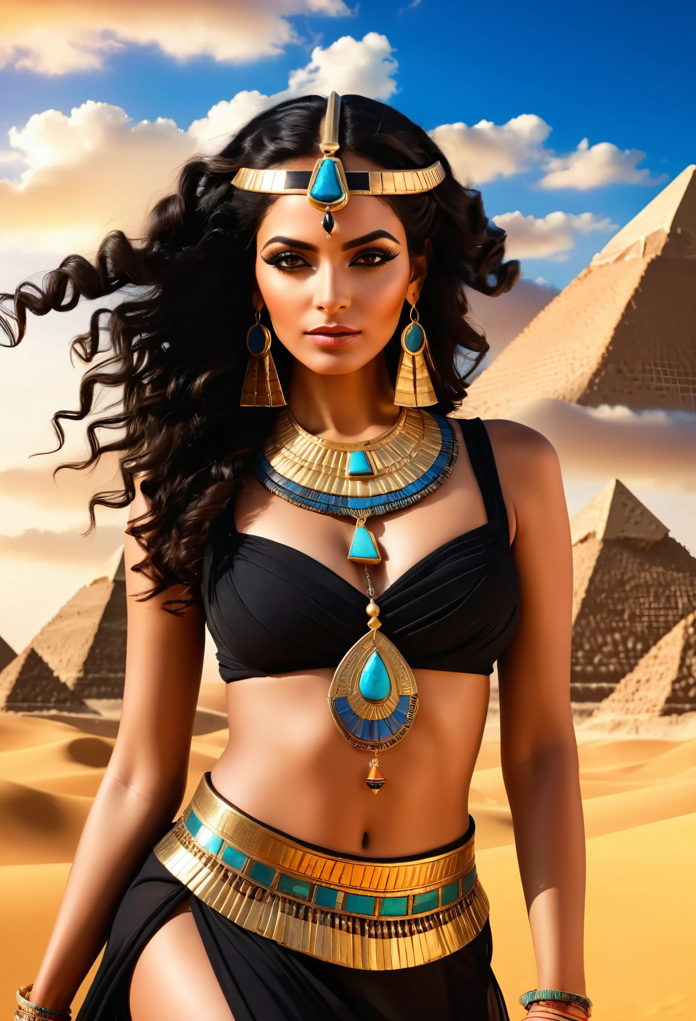 Egyptian woman with black wavy hair, with jewelry in her hair and on her body, in a beautiful ethnic dress, with bright makeup against the backdrop of the desert and Egyptian pyramids, the sky is covered with menacing clouds