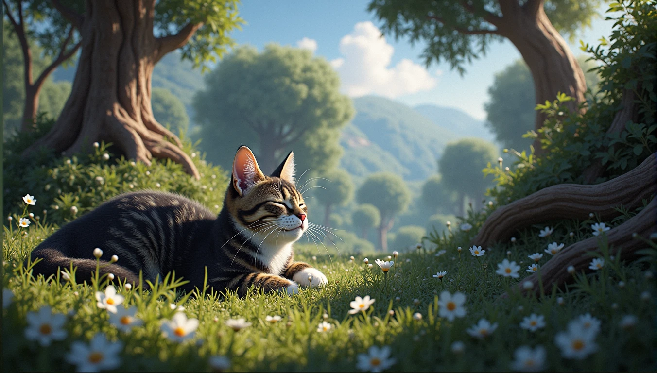 epic styles, digital art, extra detailed digital art, wallpaper, a young cat lying next to the little blue verry bush, cat's fur is black, white and brown, summer time, short green grass, little flowers, tree base behind the cat, short fur, closed eyes, peaceful atmosphere, heroic fantasy aestetics, dungeons and dragons, wide shot, perspective, atmospheric perspective, 16k, highres, award winning, best quality, high details, super detail, UHD, masterpiece