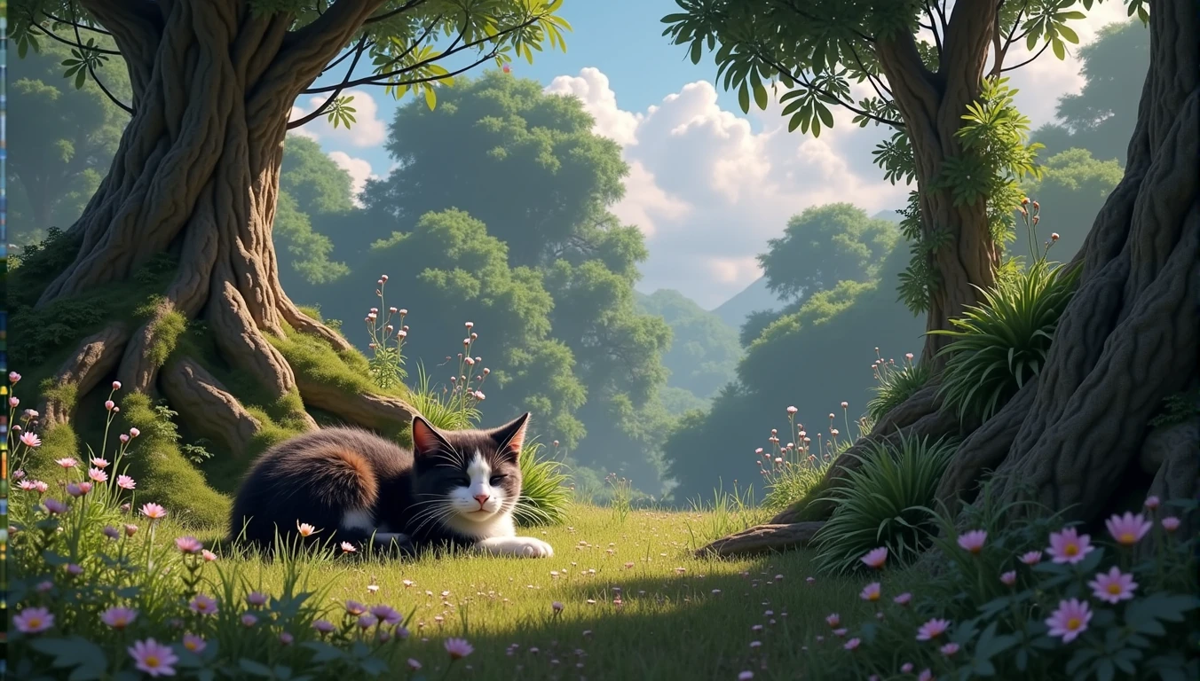 epic styles, digital art, extra detailed digital art, wallpaper, a young cat lying next to the little blue verry bush, cat's fur is black, white and brown, summer time, short green grass, little flowers, tree base behind the cat, short fur, closed eyes, peaceful atmosphere, heroic fantasy aestetics, dungeons and dragons, wide shot, perspective, atmospheric perspective, 16k, highres, award winning, best quality, high details, super detail, UHD, masterpiece