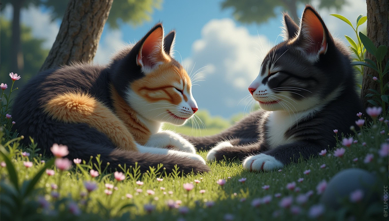 epic styles, digital art, extra detailed digital art, wallpaper, a young cat lying next to the little blue verry bush, cat's fur is black, white and brown, summer time, short green grass, little flowers, tree base behind the cat, short fur, closed eyes, peaceful atmosphere, heroic fantasy aestetics, dungeons and dragons, wide shot, perspective, atmospheric perspective, 16k, highres, award winning, best quality, high details, super detail, UHD, masterpiece