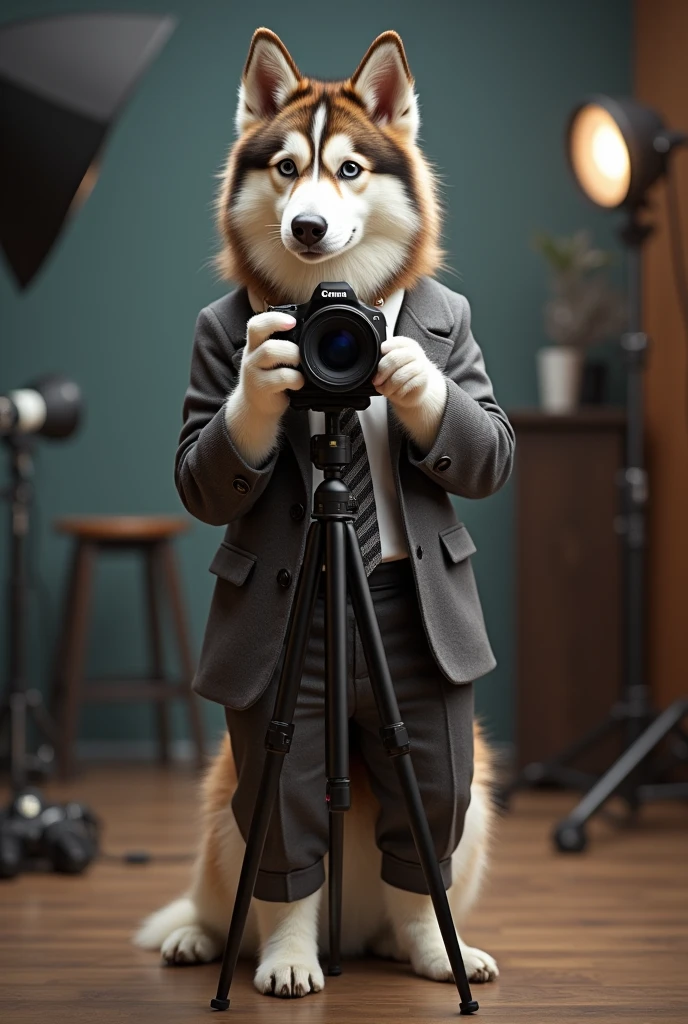 cute dog，Husky，Personification，full-body shot，Nice dog，Photographer形象，Hairy feet,Holding a camera，tripod，Photographer，Photo gesture,Set,Suit，tie, (Delicate face), (Fine hairs)，（35mm Cinema Lens），（Multi-angle shooting），（many viewing angles）