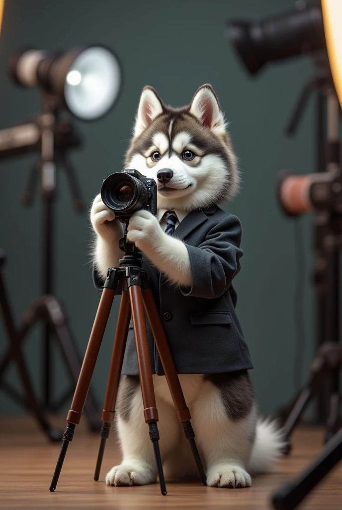 cute dog,Husky,Personification,full-body shot,Nice dog,Photographer形象,Hairy feet,Holding a camera,tripod,Photographer,Photo gesture,Set,Suit,tie, (Delicate face), (Fine hairs),(35mm Cinema Lens),(Multi-angle shooting),(many viewing angles)