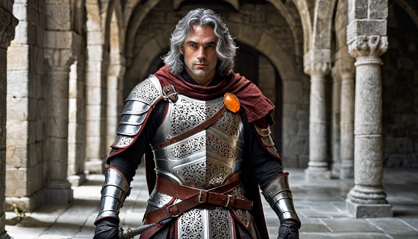 ((masterpiece, The silver armor is intricately decorated and not intended for combat.,Gorgeous filigree armor, Detailed fantasy armor)), Inside a stone building, Stone slabs scattered on the floor, A muscular man in armor walking towards the front, dim, Gray Hair, Candles along the walls light up the room., He holds a large, twisted, dark red rapier in his hand., Wearing a dirty cloak, Under his armor he wears a dirty dark red loincloth.、The front is empty,There are three small orange gems on the chest., White metal decoration on shoulder