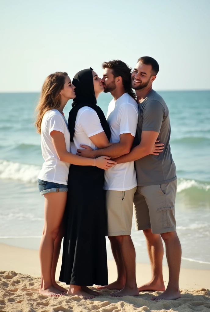 black headscarf, black skirt, white t-shirt, 2 barefoot women, They are kissing with 2 men on the beach.