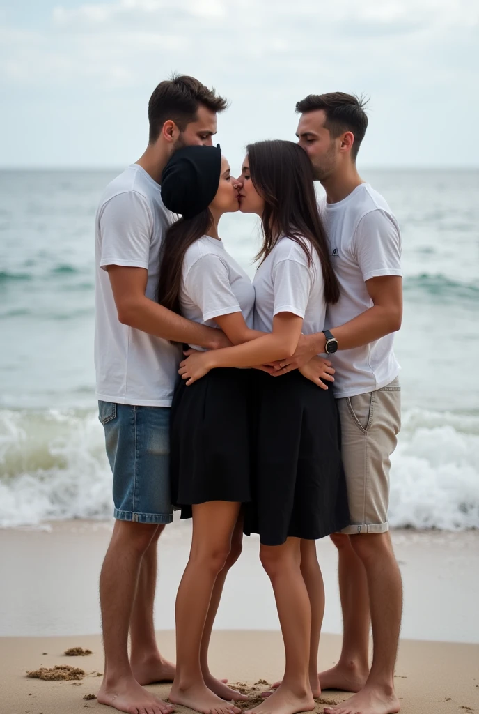 black headscarf, black skirt, white t-shirt, 2 barefoot women, They are kissing with 2 men on the beach. 