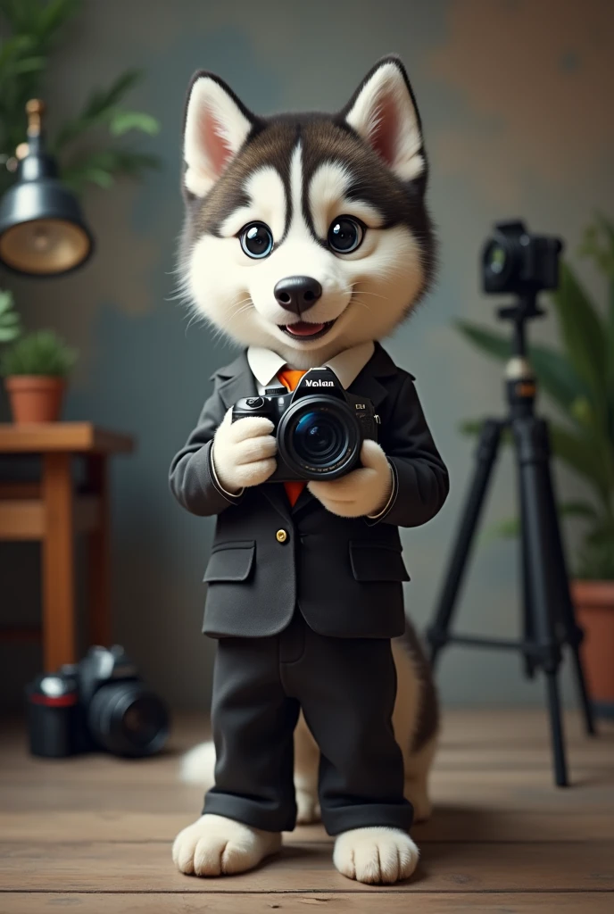 cute dog，Husky，Personification，full-body shot，Nice dog，Photographer形象，Hairy feet,Holding a camera，tripod，Photographer，Photo gesture,Set,Suit，tie, (Delicate face), (Fine hairs)，（35mm Cinema Lens），（Multi-angle shooting），（many viewing angles）