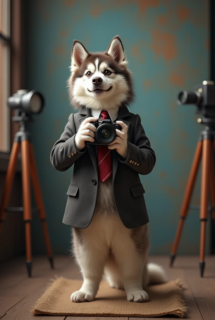 cute dog，Husky，Personification，full-body shot，Nice dog，Photographer形象，Hairy feet,Holding a camera，tripod，Photographer，Photo gesture,Set,Suit，tie, (Delicate face), (Fine hairs)，（35mm Cinema Lens），（Multi-angle shooting），（many viewing angles）