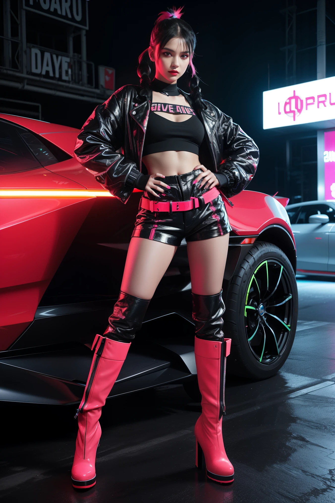 A girl posing in front of a neon-lit sports car. They are wearing bright, colorful outfits with a futuristic, cyberpunk aesthetic. The overall mood is playful and energetic. Silver boots, black hair pigtails, jean Paul Gaultier, clut studio, the themed color is black and red maroon