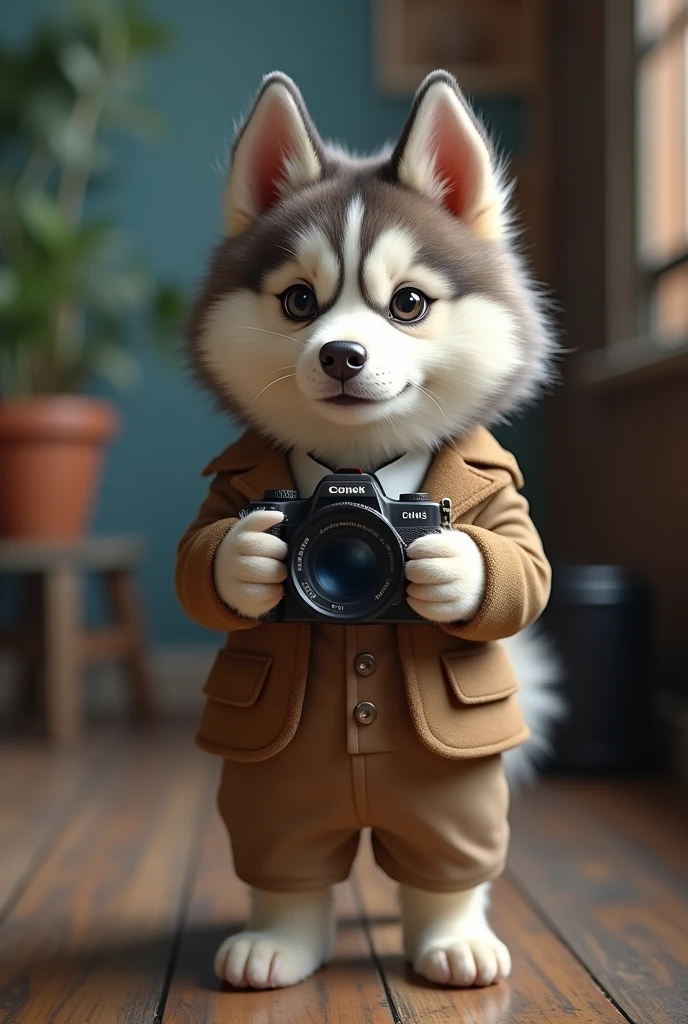 cute dog,Husky,Personification,full-body shot,Nice dog,Photographer形象,Hairy feet,Holding a camera,tripod,Photographer,Photo gesture,Set,Suit,tie, (Delicate face), (Fine hairs),(35mm Cinema Lens),(Multi-angle shooting),(many viewing angles)