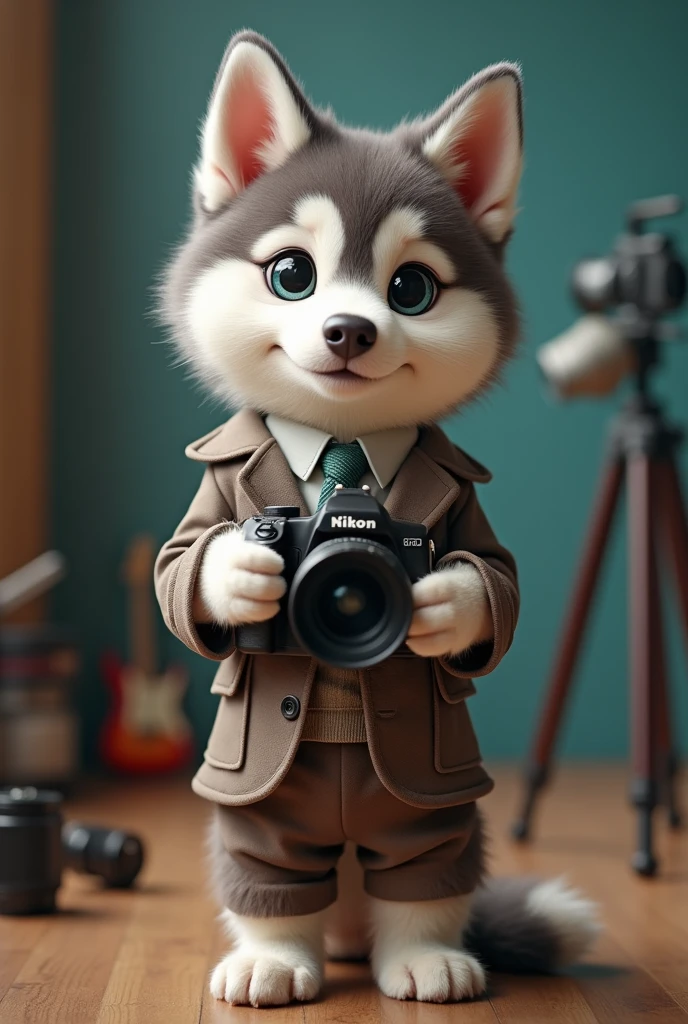 cute dog，Husky，Personification，full-body shot，Nice dog，Photographer形象，Hairy feet,Holding a camera，tripod，Photographer，Photo gesture,Set,Suit，tie, (Delicate face), (Fine hairs)，（35mm Cinema Lens），（Multi-angle shooting），（many viewing angles）