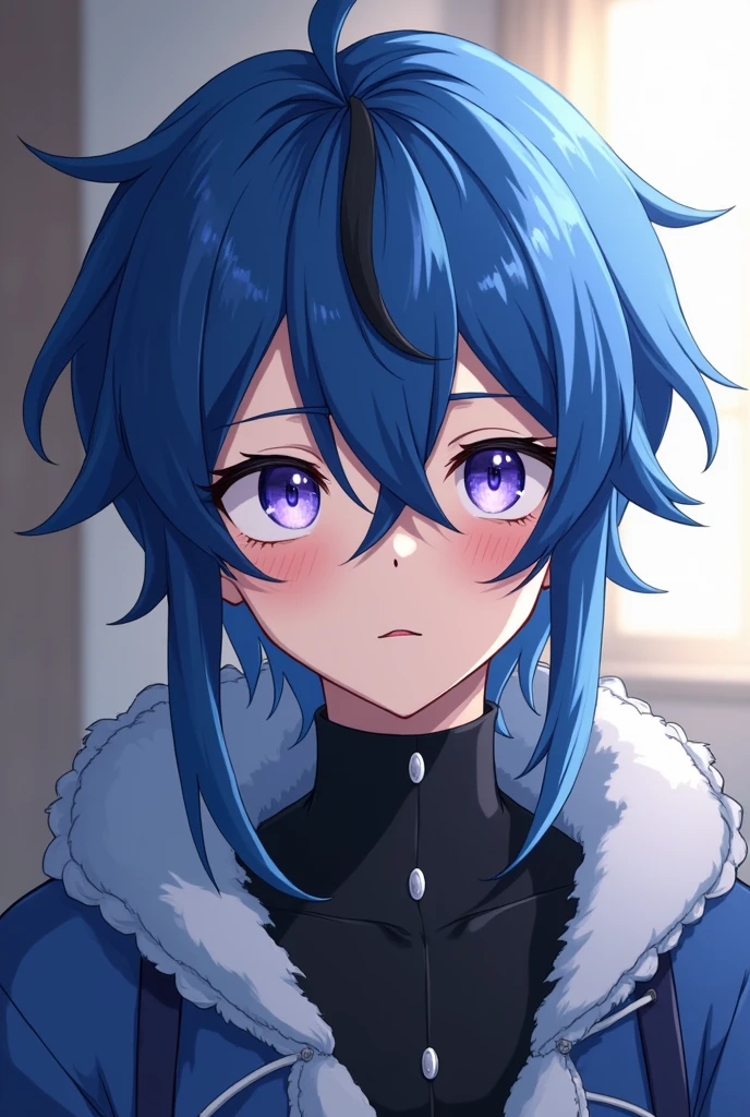 BNHA boy who has blue hair with a black streak,one white eye and the other purple eye that is half dragon,with pale skin,with a little long hair always happy and omega,half dragon