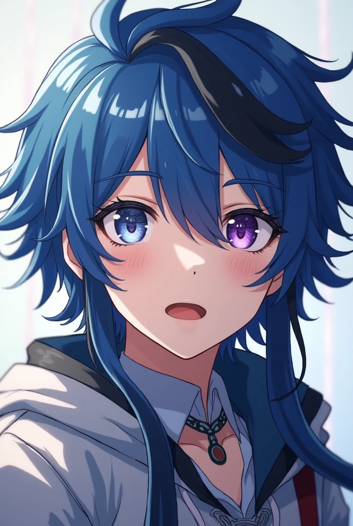 BNHA boy who has blue hair with a black streak,one white eye and the other purple eye that is half dragon,with pale skin,with a little long hair always happy and omega,half dragon