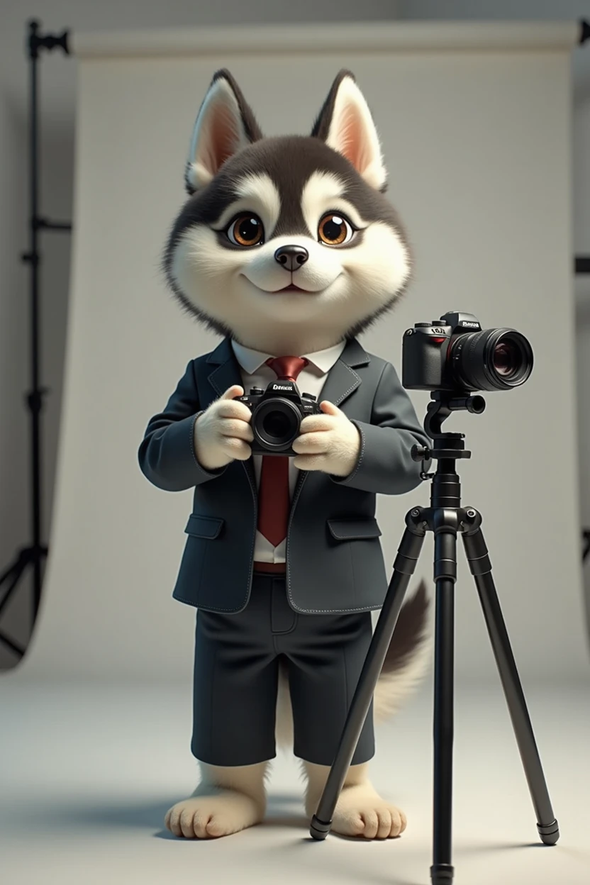 cute dog,Husky,Personification,full-body shot,Nice dog,PhotographerImage,Hairy feet,Holding a camera,tripod,Photographer,Photo gesture,Set,Suit,tie, (Delicate face), (Fine hairs),(35mm Cinema Lens),(Multi-angle shooting),(many viewing angles)