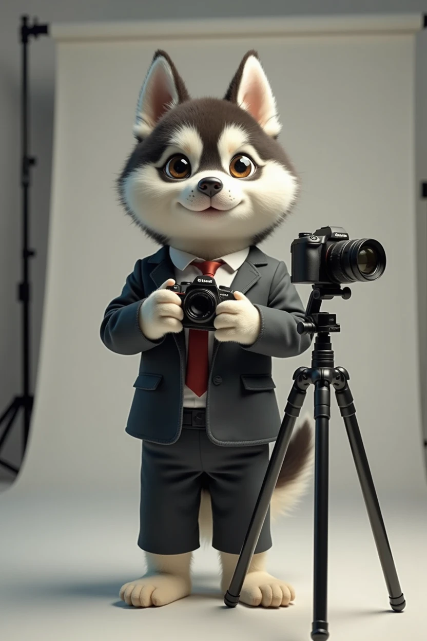cute dog，Husky，Personification，full-body shot，Nice dog，PhotographerImage，Hairy feet,Holding a camera，tripod，Photographer，Photo gesture,Set,Suit，tie, (Delicate face), (Fine hairs)，（35mm Cinema Lens），（Multi-angle shooting），（many viewing angles）