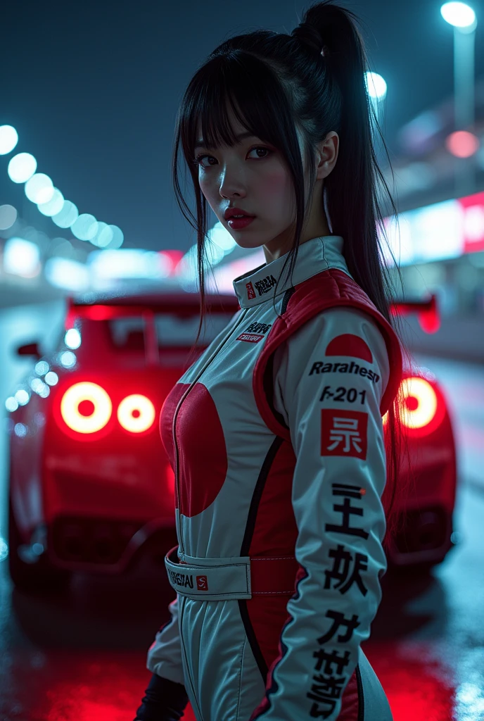 an image of a fierce Japanese woman who is unbeatable in JDM car racing. She should have a determined and confident expression, wearing a stylish racing suit with Japanese symbols or logos. She is standing next to or inside a sleek, high-performance JDM car like a Nissan GT-R or Toyota Supra, with the car's engine roaring and the environment showing the energy of a racetrack at night, complete with neon lights and a blurred sense of speed."