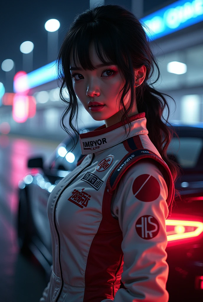 an image of a fierce Japanese woman who is unbeatable in JDM car racing. She should have a determined and confident expression, wearing a stylish racing suit with Japanese symbols or logos. She is standing next to or inside a sleek, high-performance JDM car like a Nissan GT-R or Toyota Supra, with the car's engine roaring and the environment showing the energy of a racetrack at night, complete with neon lights and a blurred sense of speed."