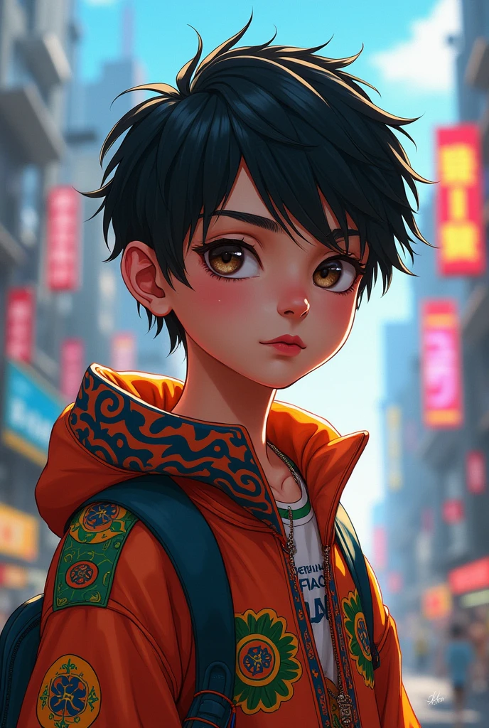 A young boy with short black military hair, brown eyes and Brazilian anime style clothing.